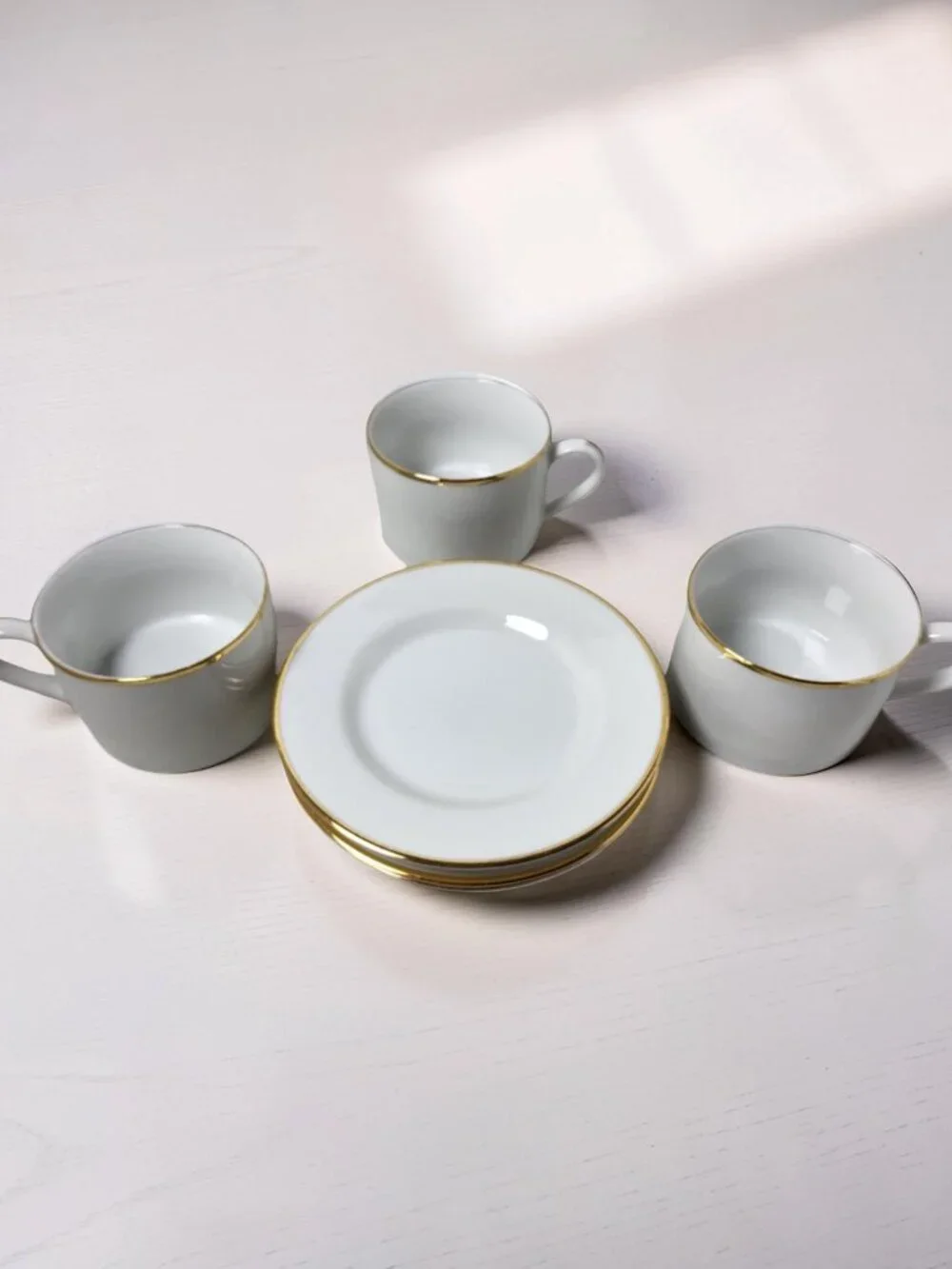 Vintage Set of 3 Pier 1 Gold Trim 8oz Porcelain Coffee Cups and Saucers